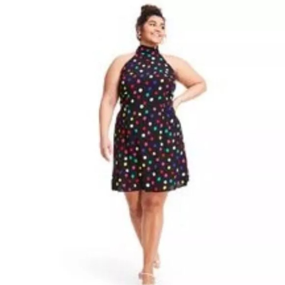 FARM Rio Black Halter Backless Dress with Multicolor Polka Dots